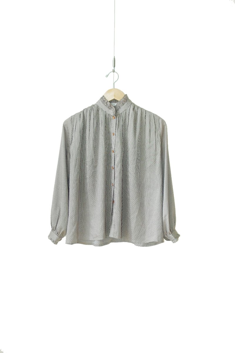 恰丸与猫♫~细条纹装饰领古着衬衫 - 女装衬衫 - 其他材质 咖啡色