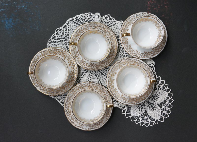 德国古董下午茶五杯盘组-TGIF - 茶具/茶杯 - 瓷 金色