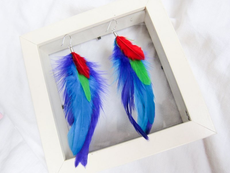 七色鸟彩红羽毛耳环( 925纯银 ) - 耳环/耳夹 - 其他金属 多色