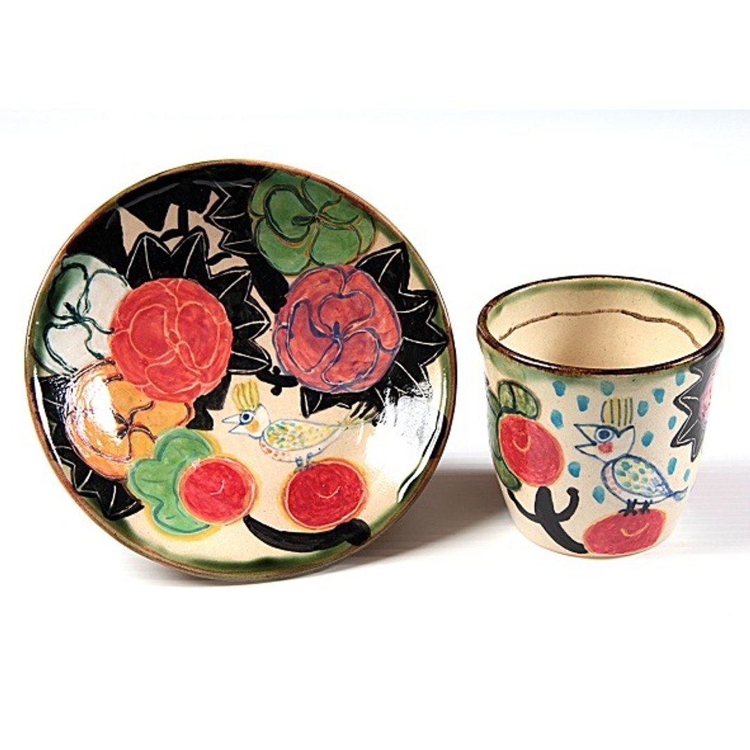Enamels free cup set of interesting birds and hollyhock - 花瓶/陶器 - 其他材质 红色