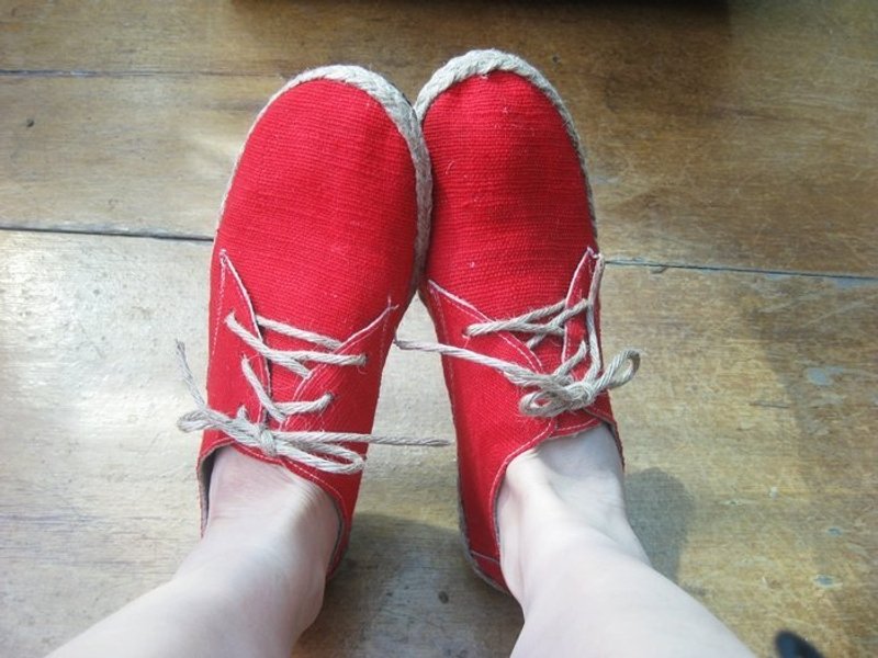 Happy feet手工麻布鞋 懒人鞋 - 女款休闲鞋 - 植物．花 红色