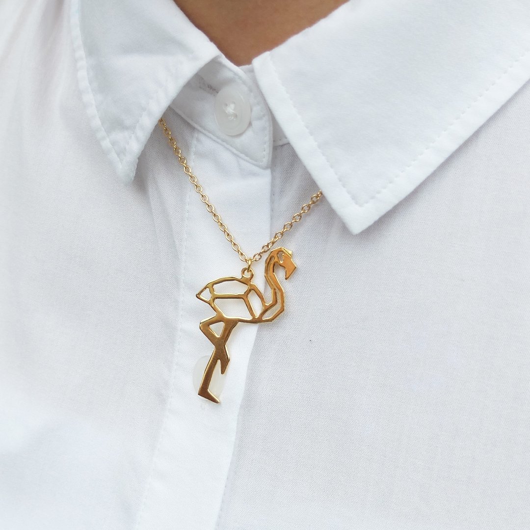 Flamingo Necklace gift for bird lover, Gold plated Jewelry, Origami Design - 项链 - 铜/黄铜 金色