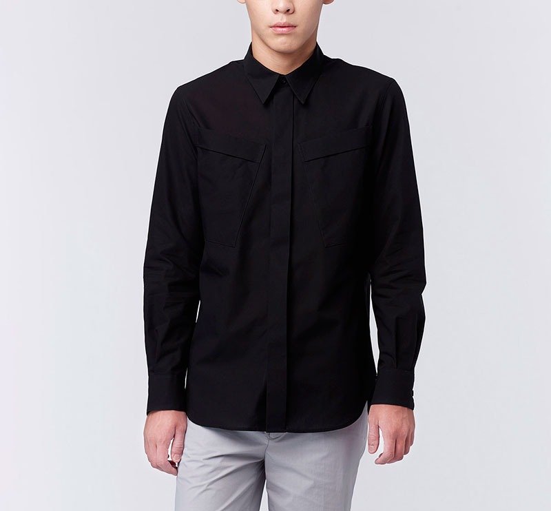 【出清福利品】凉爽双口袋设计强拈抗皱长袖男衬衫 - 黑 - 男装衬衫 - 棉．麻 黑色