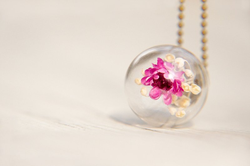 西洋情人节礼物 / 森林系 / 法式玻璃干燥花黄铜项链 - 鲜艳紫红色花朵 - 长链 - 玻璃 紫色