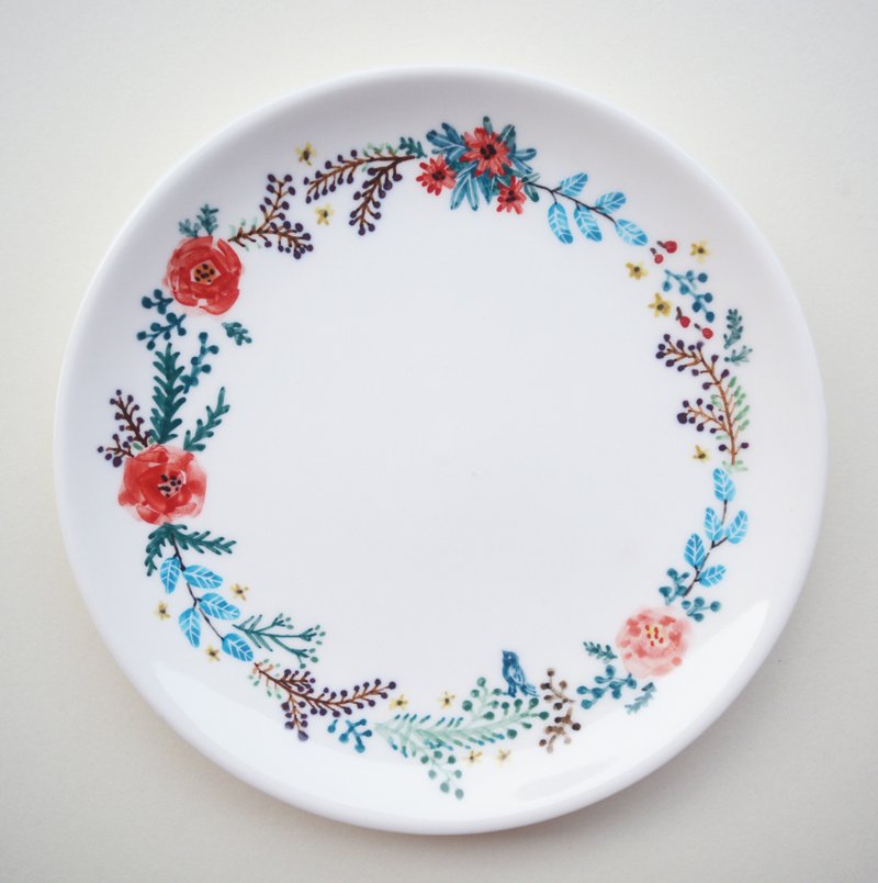 手绘6寸蛋糕盘 餐盘-花圈与小青鸟 - 浅碟/小碟子 - 瓷 红色