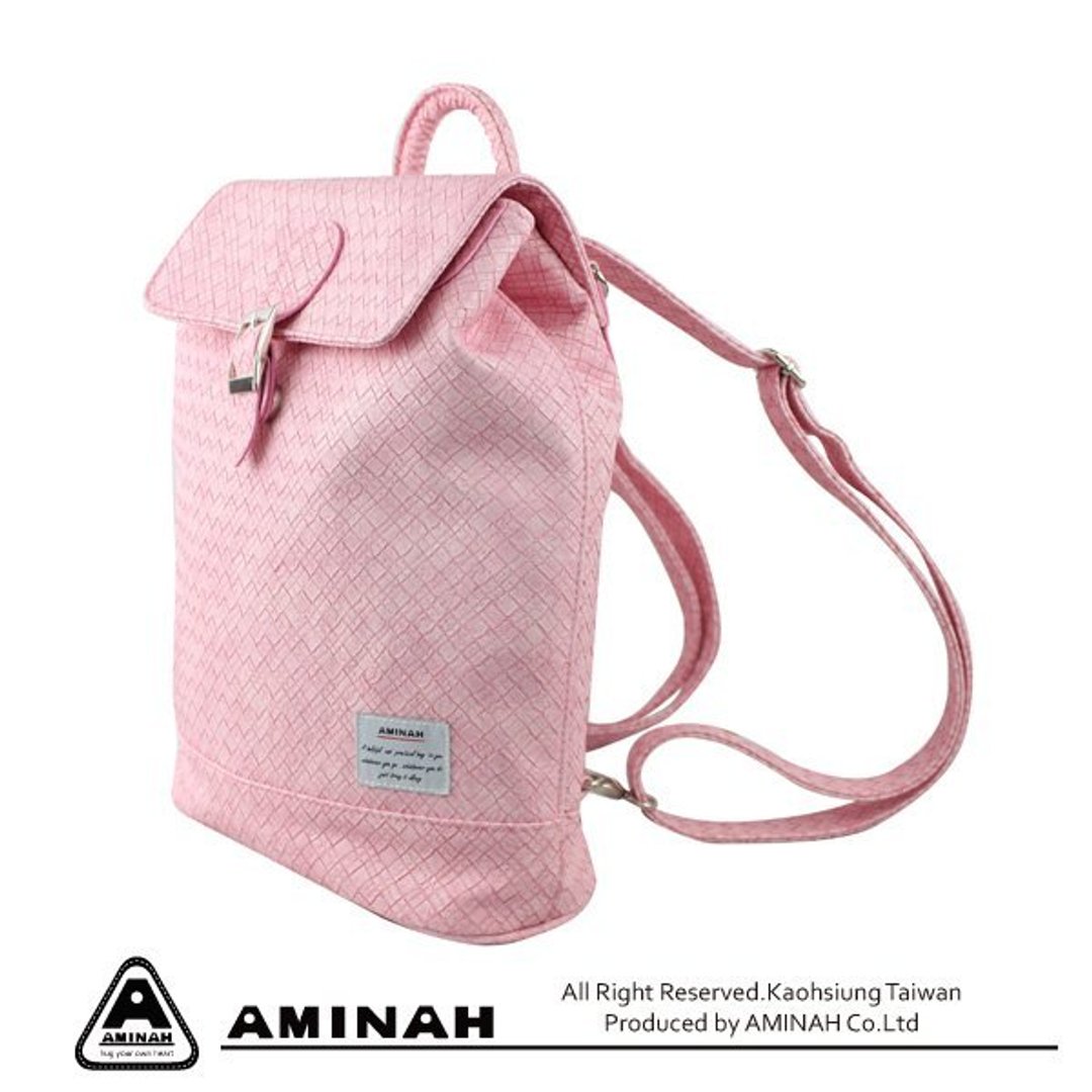 AMINAH-秋季渐浓-可爱童话两用小背包-粉红色(品牌特制开发编织皮革) - 侧背包/斜挎包 - 真皮 粉红色