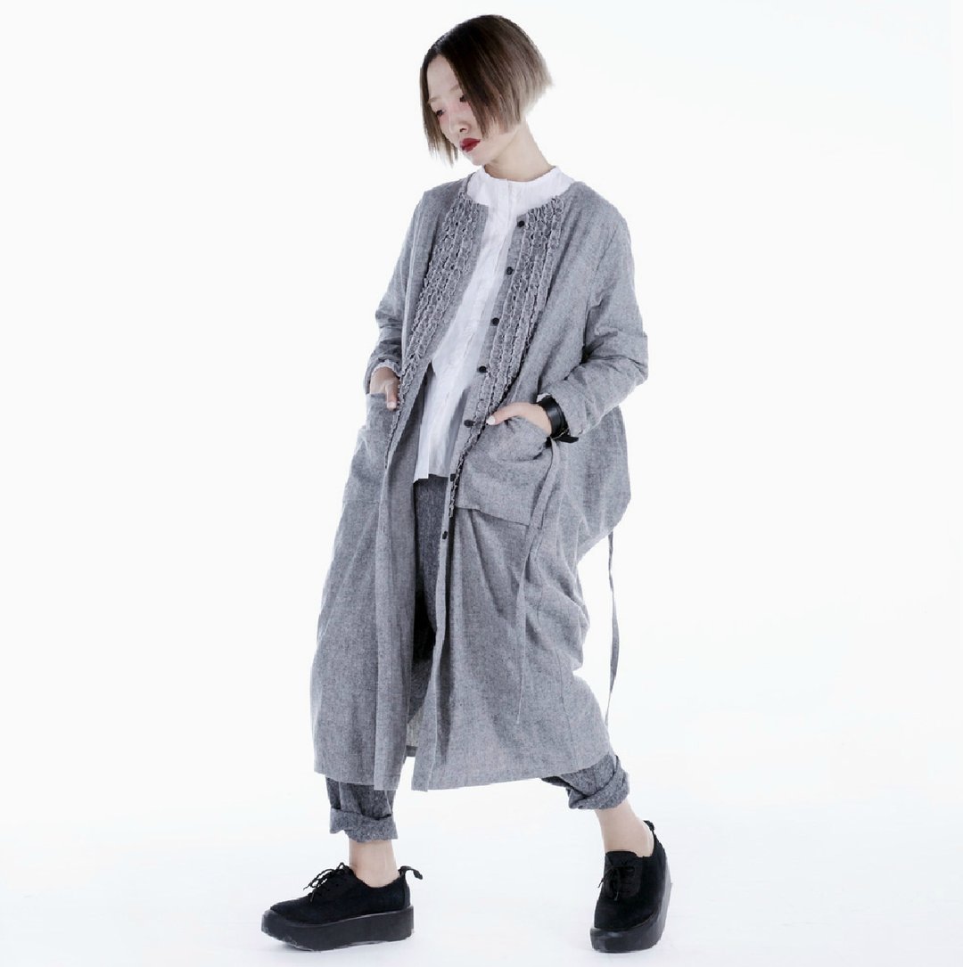 前缀花灰色长衫 拉毛开衫 外套大衣 - imakokoni - 女装休闲/机能外套 - 棉 灰色
