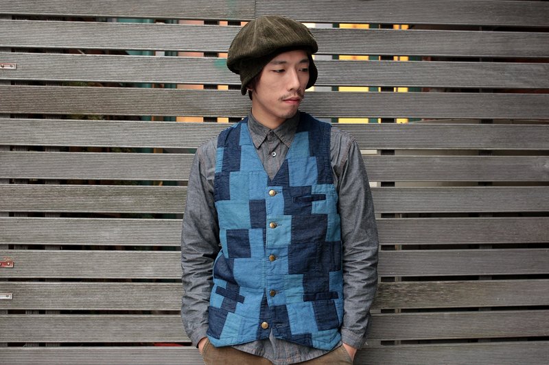 Gowest 经典蓝染丹宁拼接背心 - 男装背心 - 棉．麻 蓝色