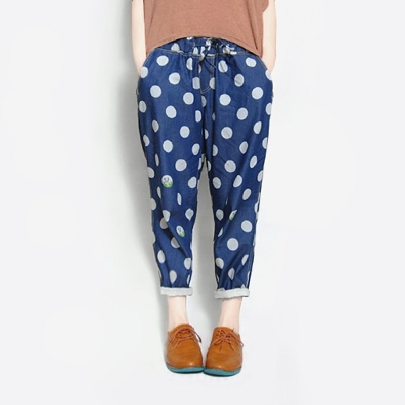 【最后一件】小鹿捉迷藏／宽宽点点好轻松裤 - 女装长裤 - 棉．麻 蓝色
