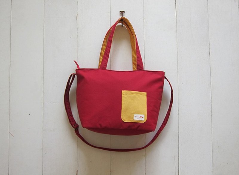 腊肠狗拉链开口帆布托特包-中号(酒红+芒果黄)+可调背带+外小口袋 - 侧背包/斜挎包 - 其他材质 多色