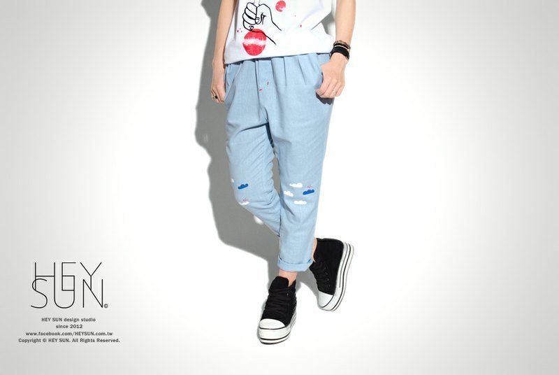 【M0320】HEY SUN独立手作品牌· 许一个愿纸鹤云朵棉麻质感绑带哈伦裤 - 女装长裤 - 其他材质 蓝色