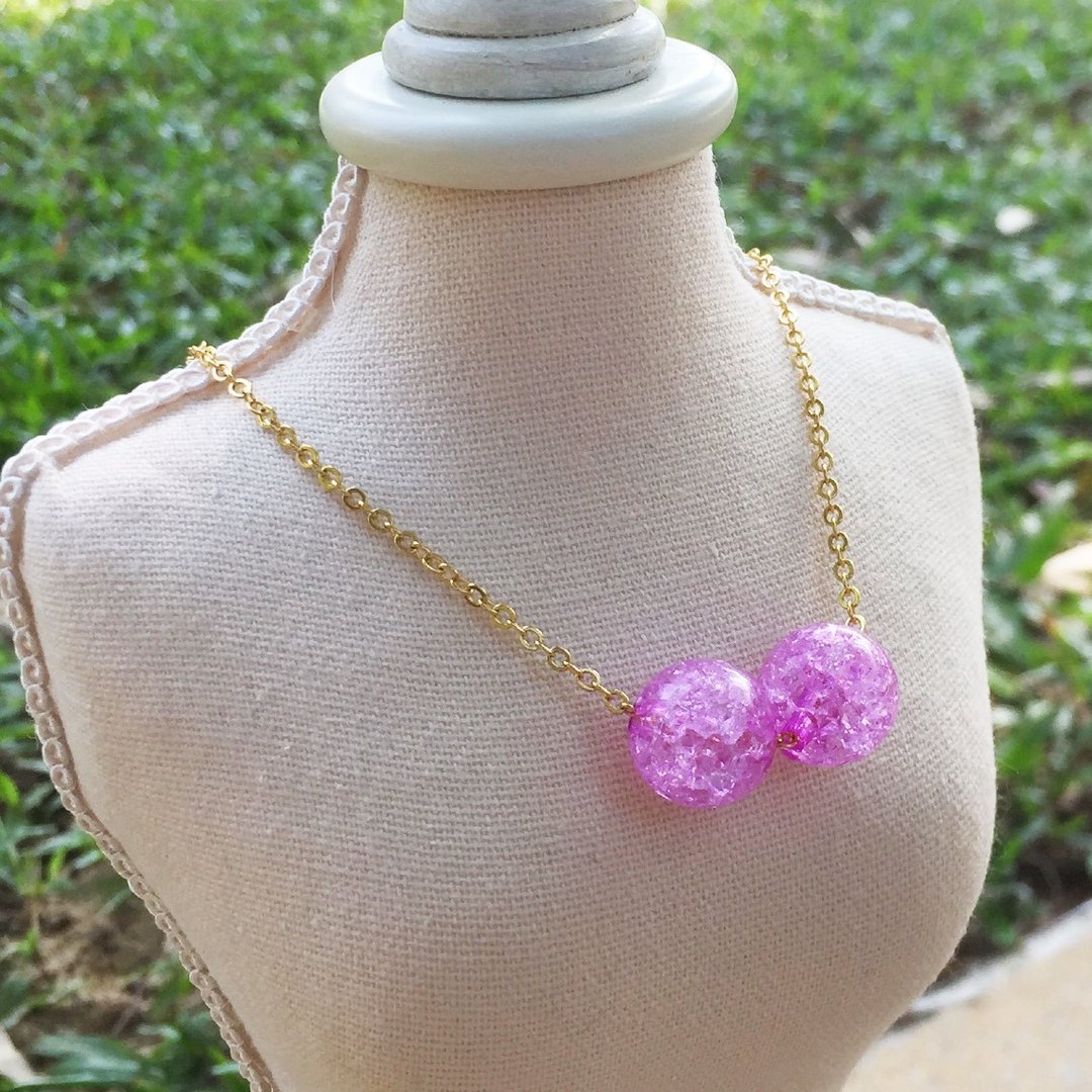 《LaPerle》2 粒梦幻紫冰花爆花珠子 项链 颈链 16k镀金黄铜 圣诞礼物 Handmade - 颈链 - 其他材质 紫色