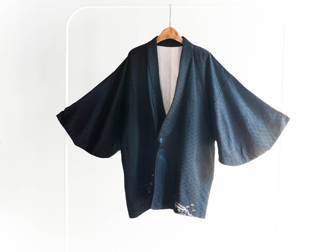 河水山 - 鸟取山水菱格刺绣 羽织 日本古董和服外套 古着 - 女装休闲/机能外套 - 棉 黑色