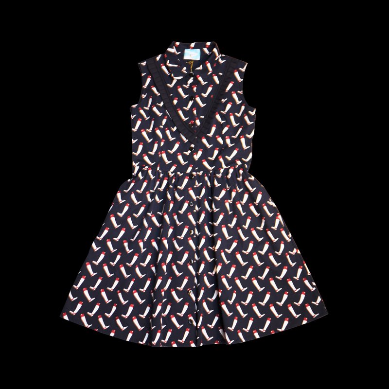 ｛Little Treasure｝A mad tea party凭空走路三角褶子背心洋装 - 洋装/连衣裙 - 棉．麻 蓝色