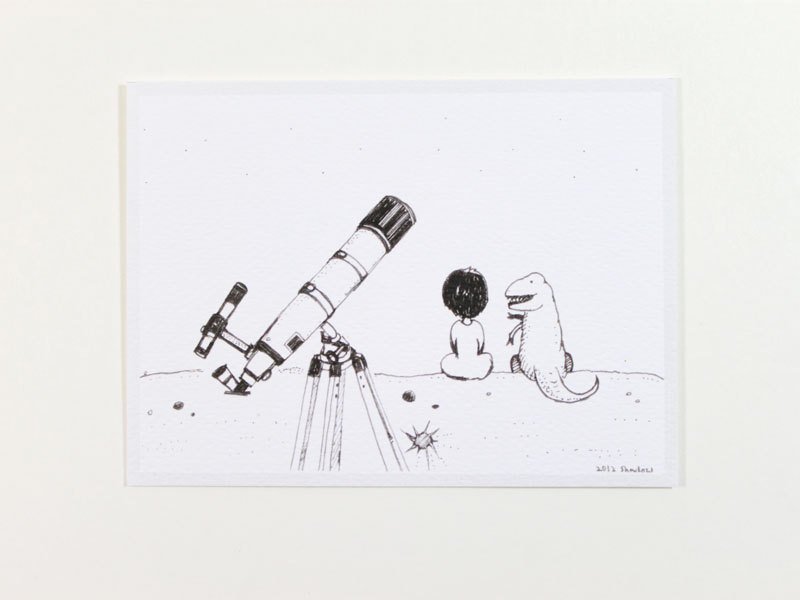 我和我的恐龙朋友。嘿! 朋友 我们一起看星星吧! - 卡片/明信片 - 纸 白色