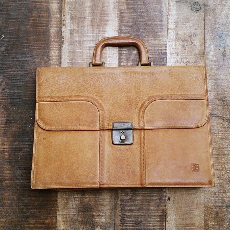 夕卡 Shika // Vintage  古董真皮公事包 - 公文包/医生包 - 真皮 卡其色