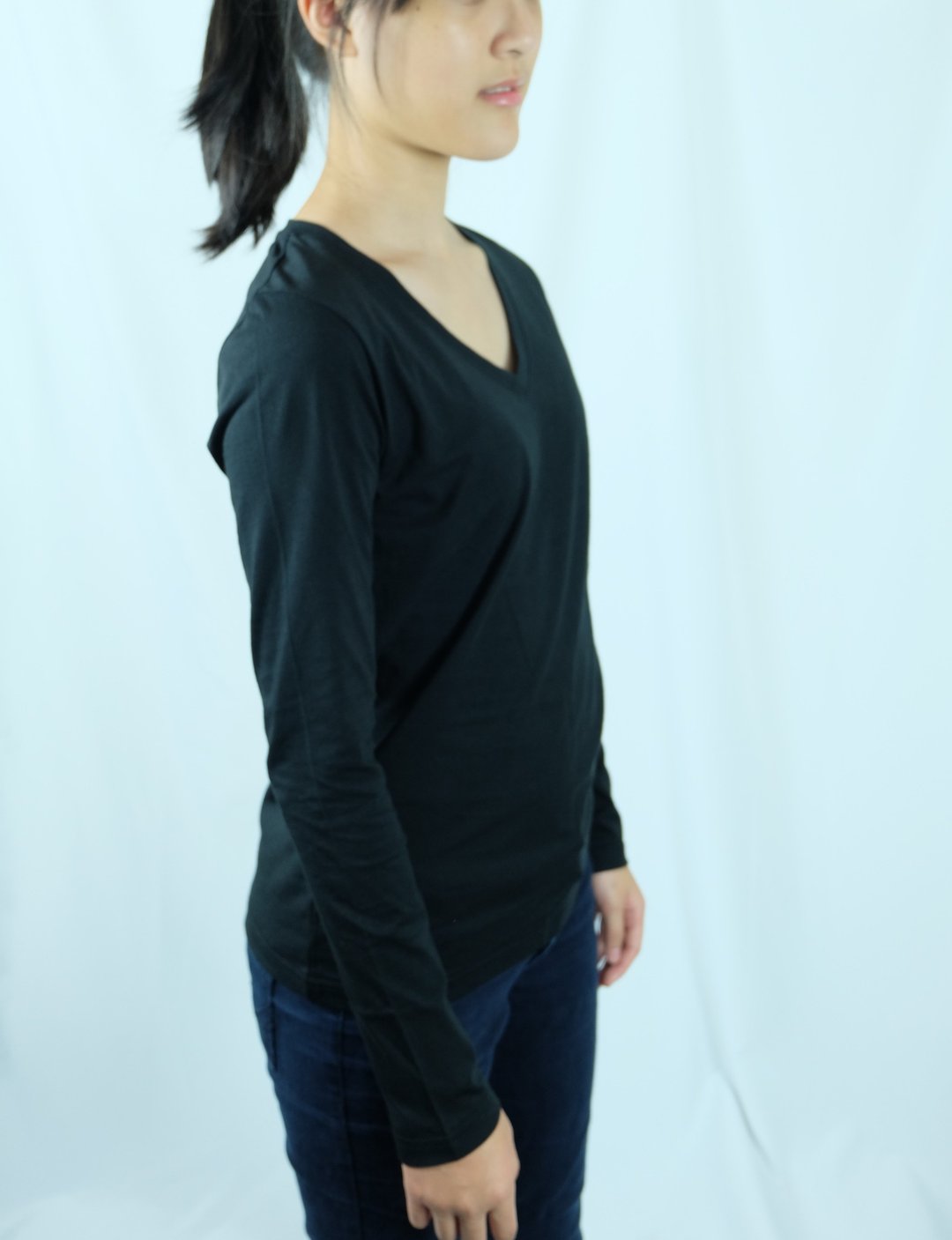 Gain Giogio纯色女款V领长袖100%有机棉T - 女装 T 恤 - 棉 灰色