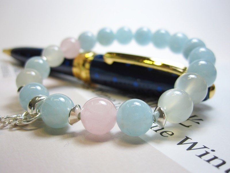 回忆中的记忆  - 全天然海蓝宝+芙蓉晶+月光石925纯银手链 天然水晶 925纯银 香港设计 - 手链/手环 - 宝石 蓝色