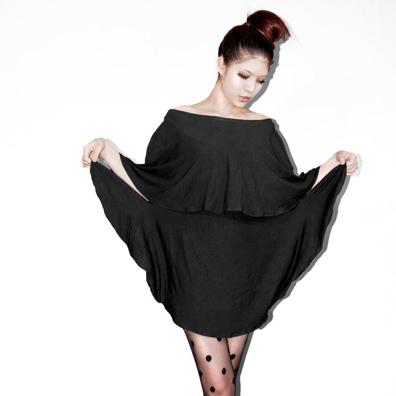 dress 一字领斗篷洋装( 弹性调整可圆领/一字领)-黑 - 洋装/连衣裙 - 棉．麻 黑色