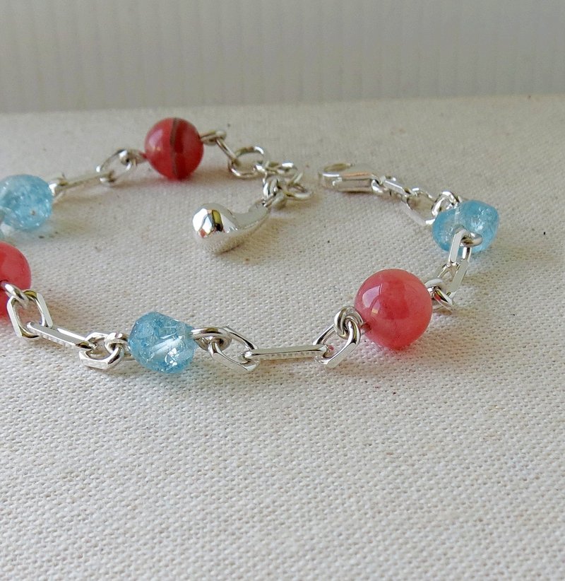 【罂［恋·链］粟】纯银***时尚〝幸运水滴〞菱锰矿(红纹石)+海水蓝宝手链*** 招爱情喔 - 手链/手环 - 宝石 