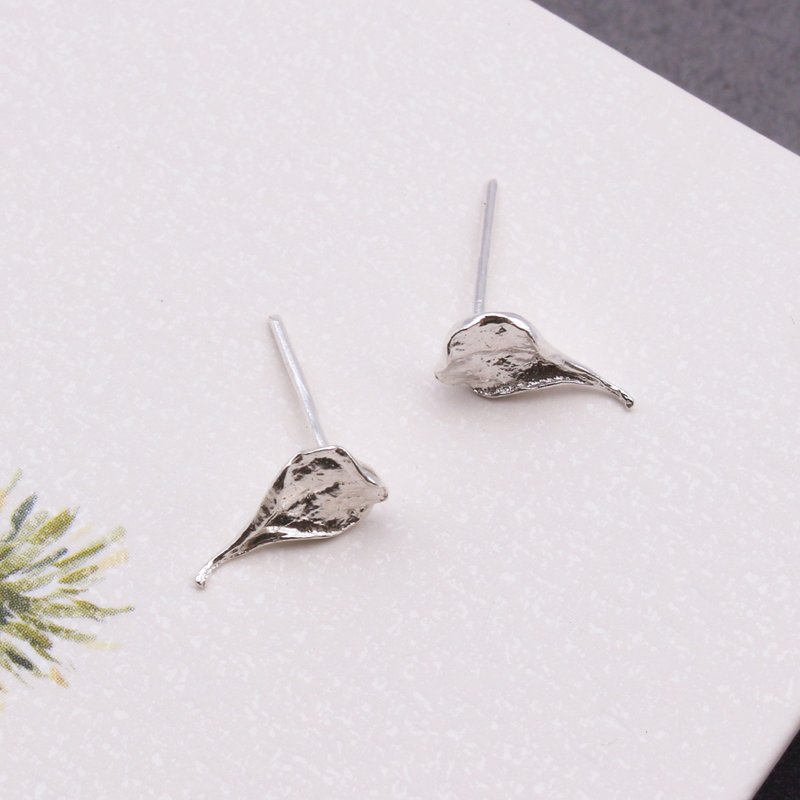小植感 小叶榄仁叶 纯银耳环 - 耳环/耳夹 - 纯银 银色