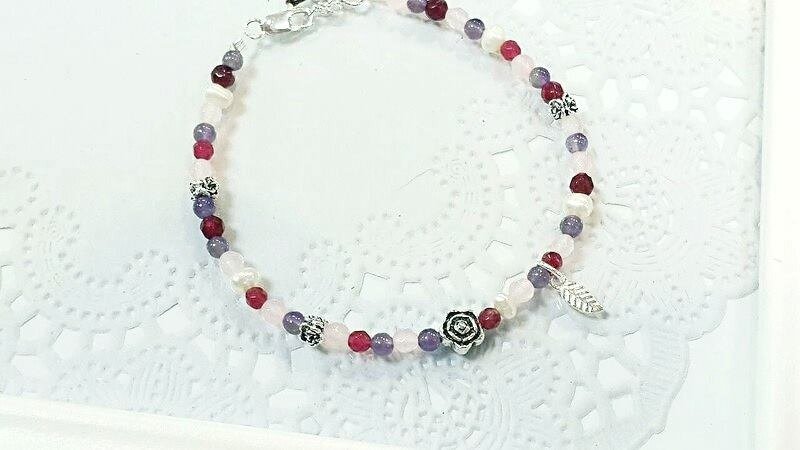 Paris*Le Bonheun。幸福手作。纯银x天然石x粉晶x红宝玉髓x紫水晶。极细致手环手链。粉紫系 - 手链/手环 - 宝石 粉红色
