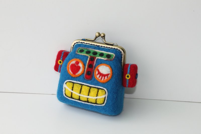 不装可爱的限量手工 羊毛毡机器人口金包-蓝 - 零钱包 - 羊毛 蓝色
