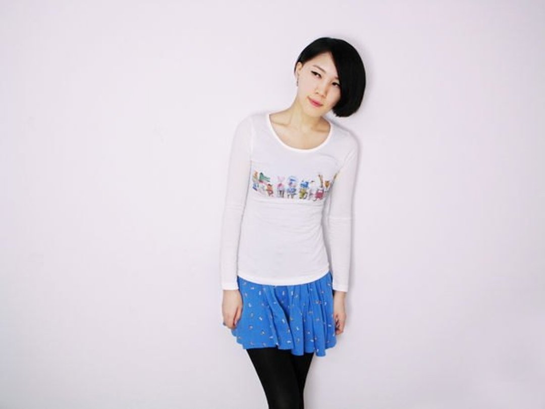 I . A . N Design 动物等车-2 长袖T 纯天然 100% 有机棉 Organic Cotton S / M - 女装 T 恤 - 棉 白色