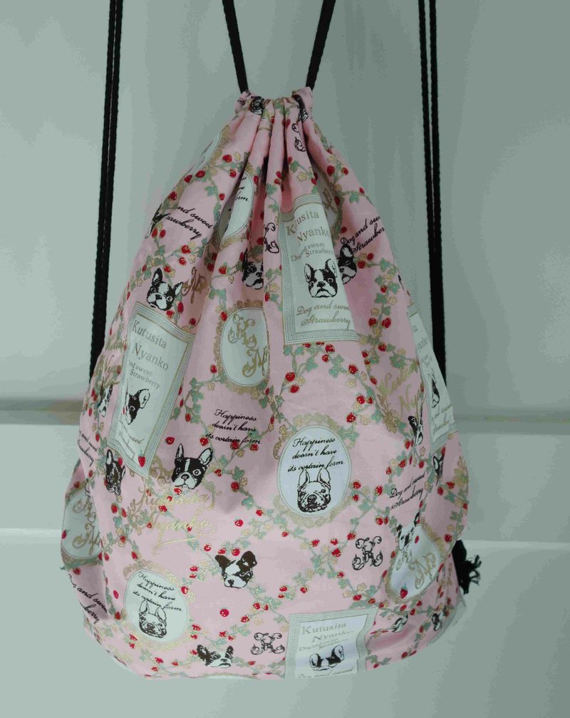 ~米+熊~ 复古 束口袋背包 (粉红 法国 斗牛犬 样) - 束口袋双肩包 - 棉．麻 粉红色