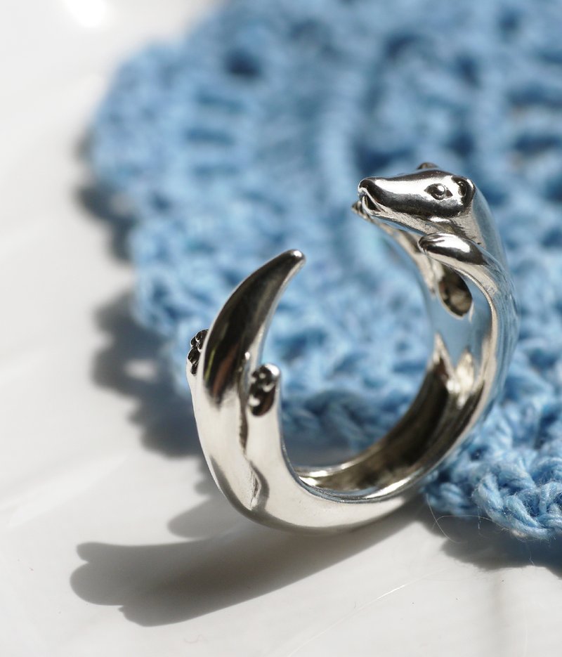 手工925纯银【雪貂戒指Ferret ring】我是不会让你离开我的!!(抱 - 戒指 - 纯银 银色