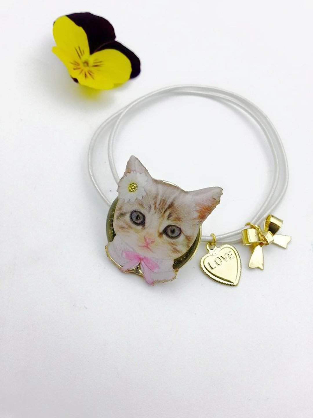【Lost and find】猫咪 love 蝴蝶结 手带 头饰 - 手链/手环 - 其他金属 白色