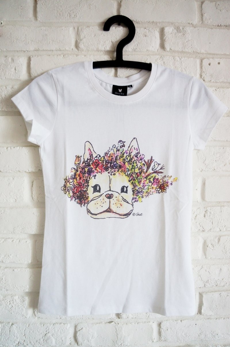 【森林系女孩法斗T恤】-女生短版-白S - 女装 T 恤 - 棉．麻 白色