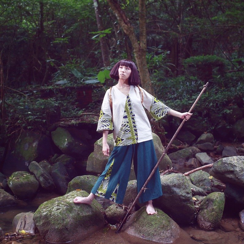 旅沼 - 棉麻手染拼接非洲布长裤（墨绿/葡紫/粉橘） - 女装长裤 - 棉．麻 绿色