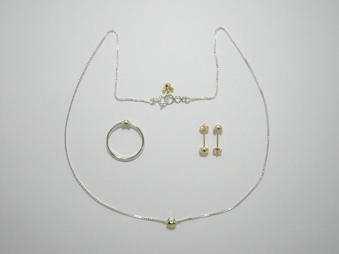 miaow icon 3-piece set K18 gold and sterling silver ( 貓 猫 金 銀 戒指 指环 項鍊 颈链 耳釘 耳钉) - 其他 - 贵金属 金色