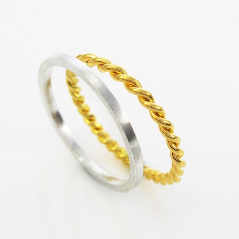 戒指 方线戒+麻花戒 纯银戒指(双件组-2色可选) 尾戒 线戒-ART64 - 戒指 - 纯银 金色