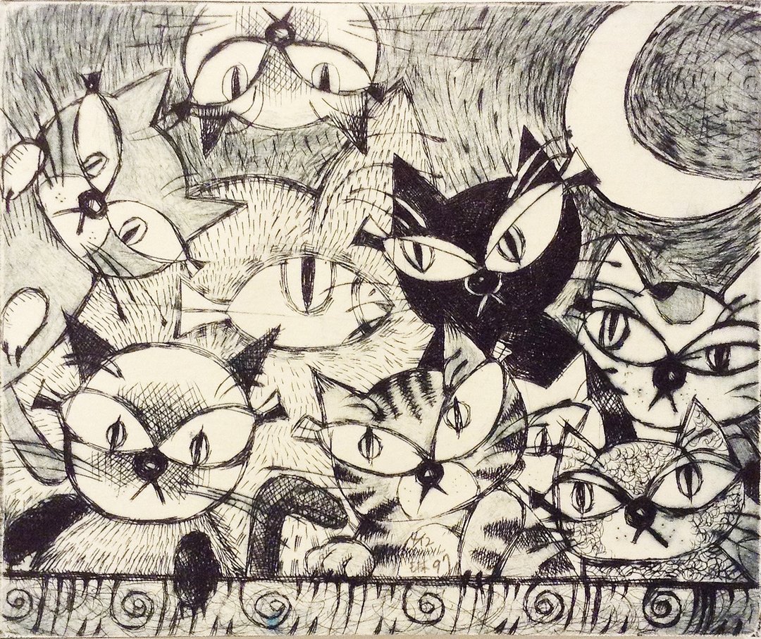 迷你版画原作-夜猫-黄文琳 - 海报/装饰画/版画 - 纸 白色