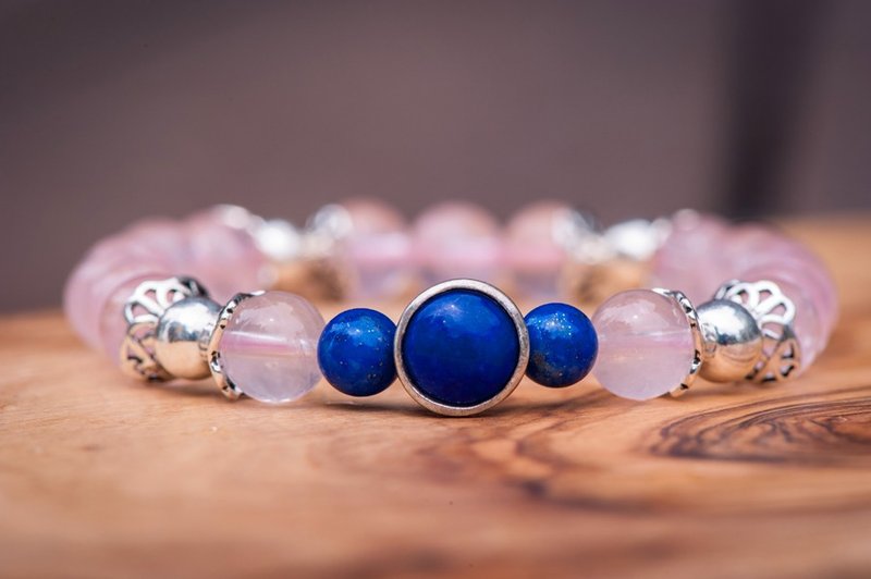 【Woody'sHandmade】好想谈恋爱。粉晶青金石手串，b款。Searching for love - Rose quartz with Lapis lazuli (Style: b) - 手链/手环 - 宝石 粉红色
