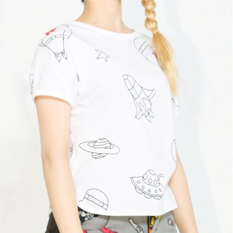 WU JIU PLEASE满版印刷太空忍者短袖T-SHIRT - 女装 T 恤 - 棉．麻 白色