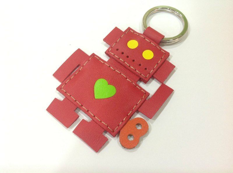 { Leatherprince 手工皮革 } 台湾MIT 蓝色 可爱 机器人 纯手工缝制 皮革 钥匙圈 / Richard the Robot Leather Keychain ( Red ) - 吊饰 - 真皮 红色