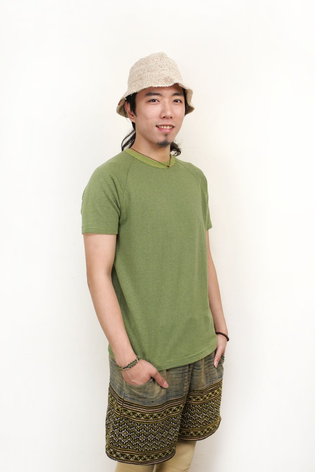 Ahope hemp条纹短T-绿条纹 - 女装 T 恤 - 棉 绿色