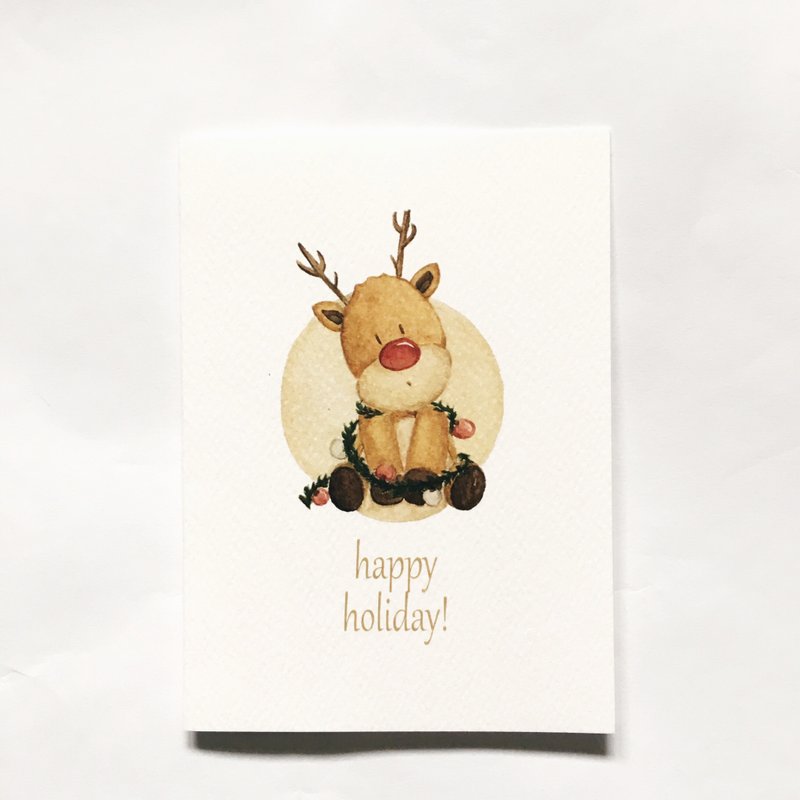 温馨手绘耶诞卡系列【可爱红鼻鹿道夫】 - 卡片/明信片 - 纸 白色