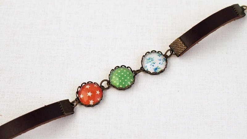 ♥手做礼物♥ OldNew Lady-影像皮革手炼-【橘星、小碎花】 - 手链/手环 - 其他金属 多色