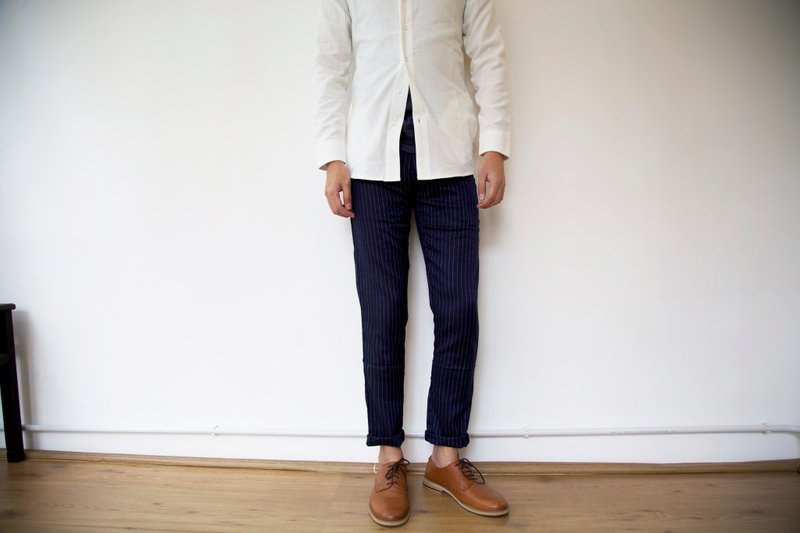 修身直间条纹西裤/绅士款/中性款/ - 男士长裤 - 其他材质 蓝色