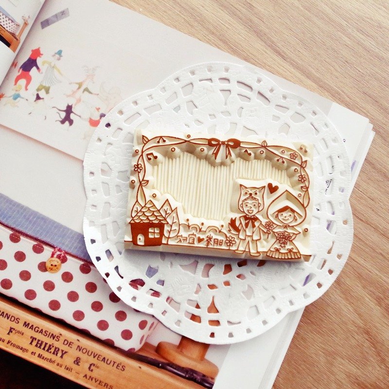 手工橡皮章－小红帽与大野狼婚礼MEMO章 6X9cm - 喜帖 - 橡胶 咖啡色