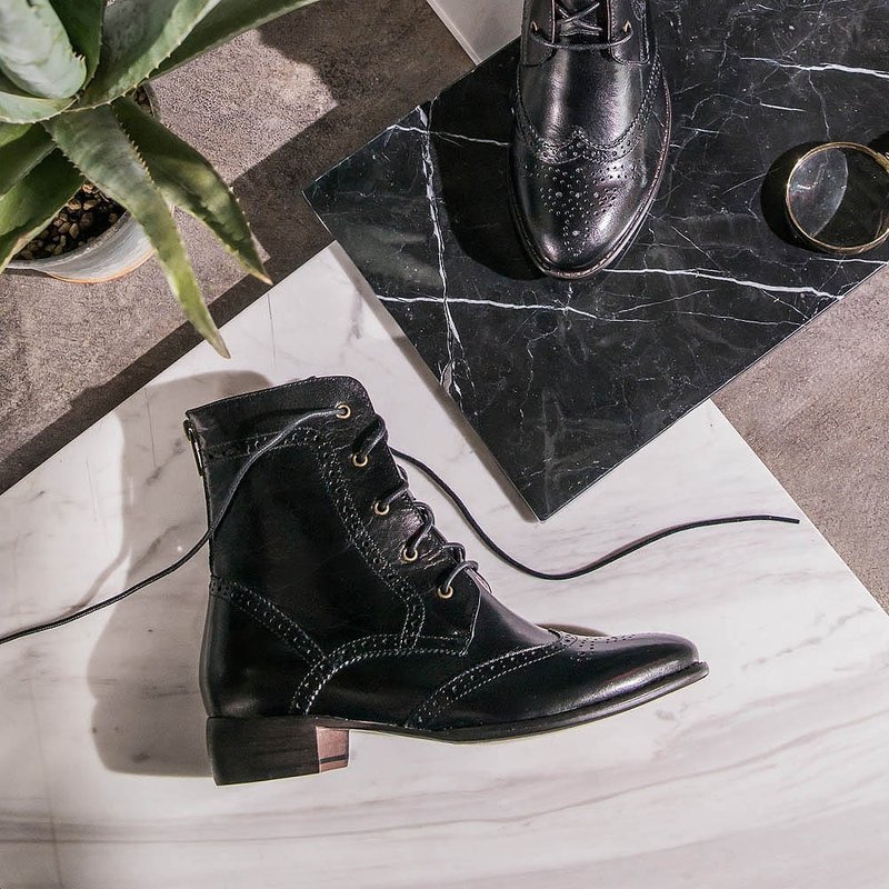 e cho 爵士女伶英伦雕花复古系带牛津靴 Ec04经典黑 - 女款休闲鞋 - 真皮 黑色