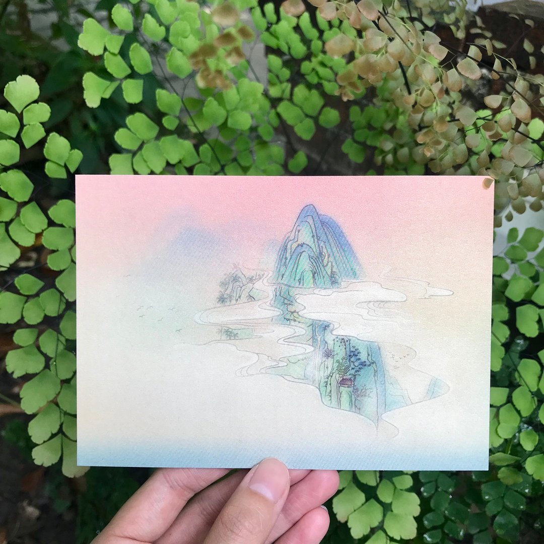 【山云之家/故事插画明信片 】/山水/木屋/云雾缭绕 - 卡片/明信片 - 纸 粉红色