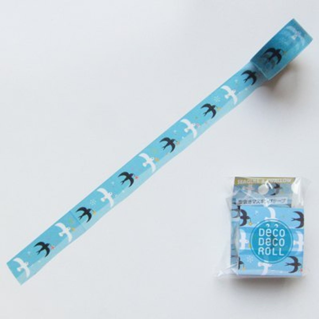 Asamidori Deco Deco Roll 去边纸胶带(AM-MK-010海鸥与燕子) - 纸胶带 - 纸 蓝色
