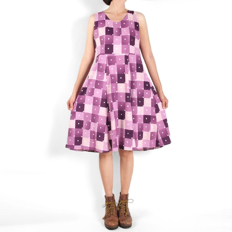 │moderato│神秘午夜紫调色盘点点泡泡格纹高腰背心裙洋装/个性女孩.独特.巴黎女孩 - 洋装/连衣裙 - 其他材质 紫色