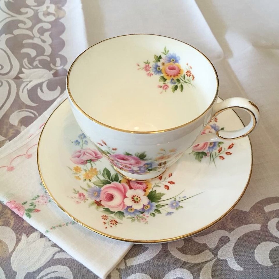 英国制 复古花卉细骨瓷咖啡杯组/花茶杯组 - 茶具/茶杯 - 瓷 