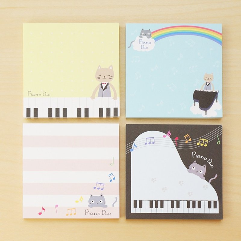 猫咪钢琴二重奏便条纸 四合一 日本制MEMO纸 留言纸 手帐用也很方便 情人节 礼物 周年庆 - 便条纸/标签贴 - 纸 蓝色